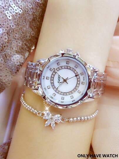 NARY ساعة كوارتز أنيقة فاخرة للنساء، قرص مرصع بالراين ستون، سوار من الفولاذ المقاوم للصدأ، مناسبة للأستخدام اليومي، الحفلات والمناسبات الرسمية، قطعة واحدة