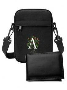 Kit Carteira + Shoulder Bag LETRA A Masculina Estampada Couro Sintetico Bolsa Lateral Blogueira Slim - Preto - Visão 1