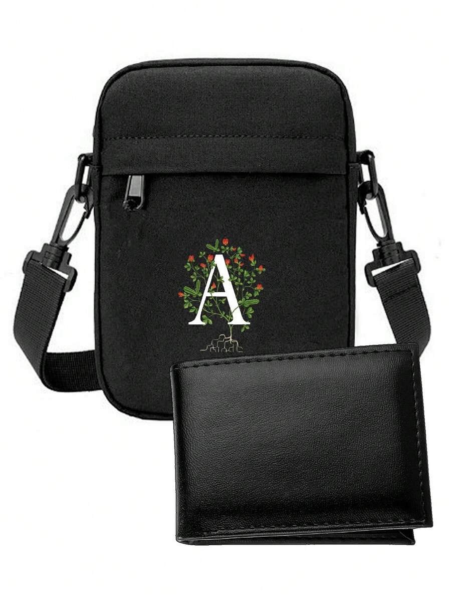 Kit Carteira + Shoulder Bag LETRA A Masculina Estampada Couro Sintetico Bolsa Lateral Blogueira Slim - Preto - Visão 1