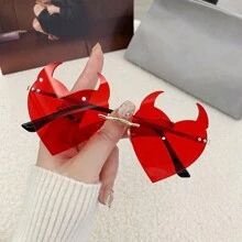 1pc New Personalized Little Devil Fashion Glasses, Rimless Asymmetrical Fashion Glasses For Outdoor Parties And Dance Decorations Halloween - Big Red - View 7