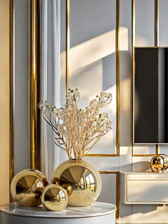 1 pieza Jarrón cerámico con bola dorada chapada, decoración para el hogar, artesanía, maceta para plantas hidropónicas, decoración de habitación, jarrón de flores, jarrón de vidrio