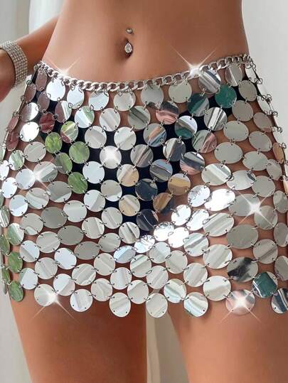 1pc Silver Glittery Sparkly Skirt Chain, European And American Fashionable Sexy Vintage Party Nightclub Queen Disco Stage Exaggerated Colored Silver Tassel Beaded Sequin Skirt, Waist Chain Body Accessory