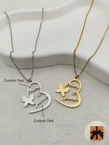 1 pieza Collar personalizado con diseño de corazón y mariposa de estilo minimalista de moda con texto de doble nombre para mujeres/parejas - color dorado para San Valentín