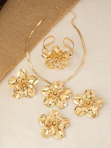 5 件时尚个性化花朵吊坠项链、开口手镯、戒指和耳环套装，适合女士，优雅迷人，情人节礼物 - 金黃色 - 查看 4