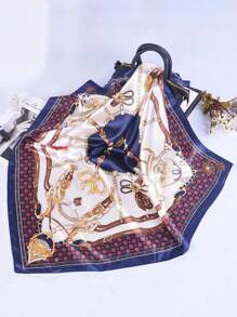 1入女士鏈條紋路紋綢緞海軍藍方形圍巾，時尚戶外頭巾、髮箍、頭帶，90x90cm，適用於春夏季使用的頭巾、髮箍、頭帶，為你的造型增添時尚感