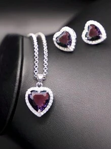 3pcs/Set Solid Color Heart Shaped Zirconia Earrings, Necklace & Pendant Set, 5 Colors Available Valentines