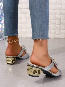 Women's Rhinestone Bow Decoration Round Toe Peep-Toe Fashionable Sandals, European And American Style, New Comfortable Chunky Heel, Mid-Heel, Asymmetric Heel, Versatile Outdoor Sandals For Summer - Silver - View 5