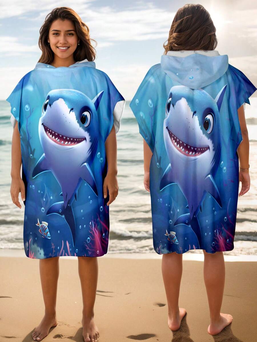 1PC Cá Mập Đeo Khăn Đi Biển Cho Nữ Và Nam Lướt Poncho Thay Mũ Áo Choàng Lướt Sóng Đi Biển Bơi Bể Thể Thao Dưới Nước, Quá Khổ - cá mập - Xem 1
