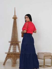 Women Denim Skirts - 深色水洗藍 - 查看 2