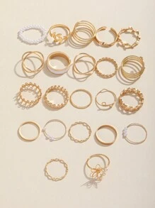 22 Piezas / Set Anillos De Diseño Geométrico De Círculo Simple Y Hueco, Tono Dorado, Conjunto De Joyas Para Apilar - Dorado - Ver 5