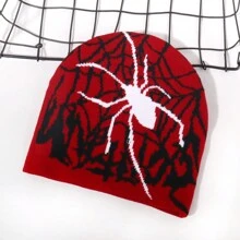1 pieza Gorro de punto con estampado de tela de araña para hombres, estilo europeo y americano Y2K, a prueba de viento y con protección de orejas, gorro de calle de moda hip hop, unisex para Halloween
