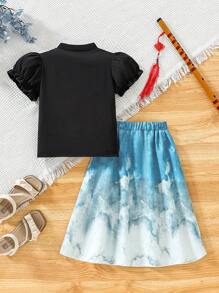 2pcs/Set Girls' Summer Chinese Style Frog Button Collar Puff Sleeve Top And Hanfu-Style Print Skirt Set - Black - View 3