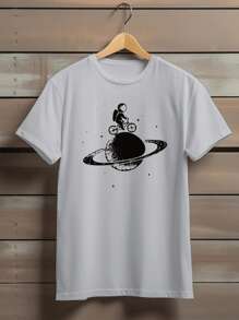 Camisa Camiseta T-Shirt Básica Astronauta Saturno Planeta Bicicleta Unissex