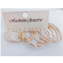 5pairs/Set New Arrival Cross-Border Gold Tone Earring Set With Circle Shaped Faux Pearl Inlayed Earrings