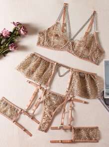链式刺绣透明性感内衣套装 - 香檳色 - 查看 6