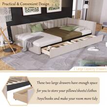 Twin Corner Daybed With 2 Storage Drawers,L Shaped Day Bed With Upholstered Armrest,Modern Sofa Bed Frame,Linen Fabric,No Box Spring Needed - Beige - View 6