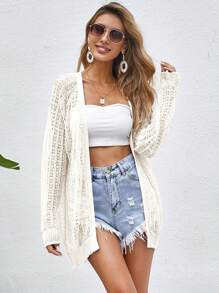 Women Crochet Lightweight Cardigan Cover Up Open Front Long Sleeve Summer Cardigans - Black and White - View 3