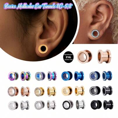 Morlyda 2 pares de tapones de túnel de acero inoxidable con doble reborde y zirconia de colores mixtos, adecuados para uso diario, 14G-00G, ajuste de tornillo doble