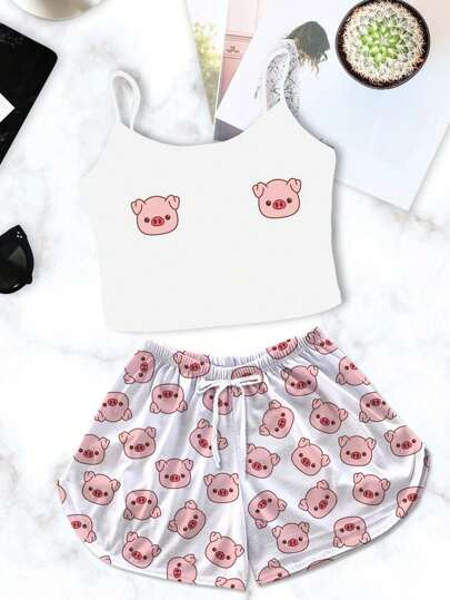 Conjunto Pijama Feminino Cropped Branco Porquinho