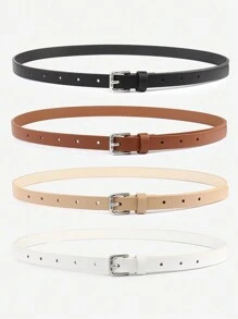 4pcs Women Classic PU Leather Belt Solid Color Simple Skinny Belt With Square Buckle For Jeans Pants Summer, School