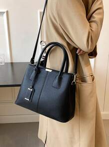 Women Classic Top Handle Satchel Bag PU Leather Handbag Shopper Work Crossbody Tote Bag With Shoulder Strap - 黑色 - 查看 2
