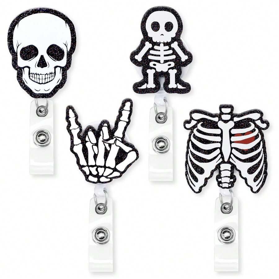 4PCS Xray Badge Reels Acrylic Skeleton Retractable Badge Holder With Alligator Clip Glitter Rib Skull Patterns ID Badge Clips For Rad Tech Nurse Doctor Student Gift Idea - Multicolor - View 1
