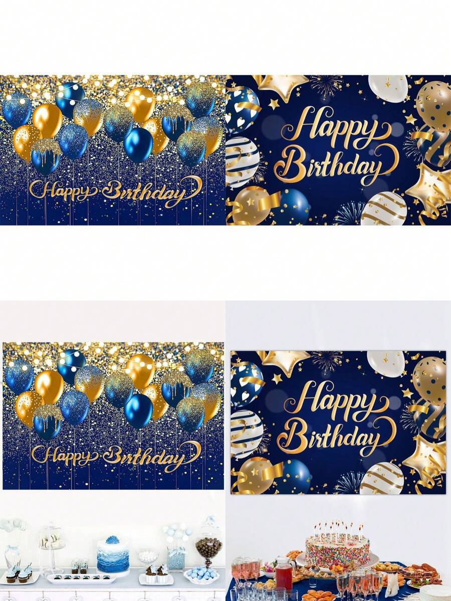 1入組藍金氣球圖案生日快樂乙烯基背景布，男女生日派對用的藍金色主題照片背景，拍照旗幟，派對旗幟 - 藍金色 - 查看 1