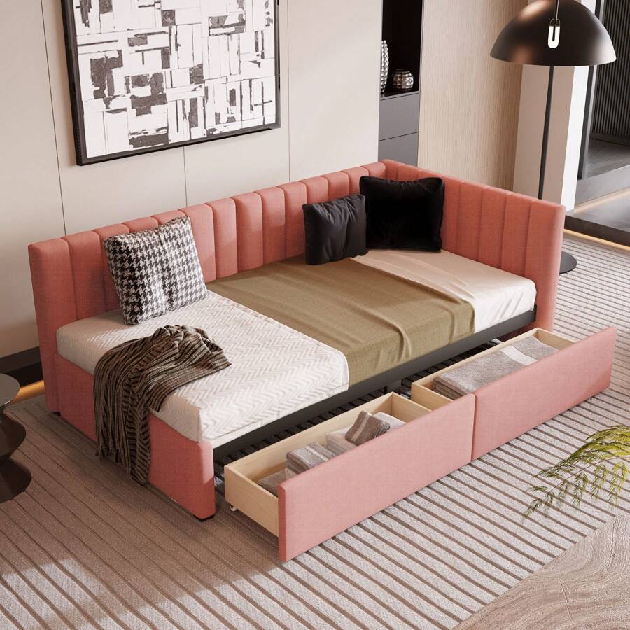 Twin Corner Daybed With 2 Storage Drawers,L Shaped Day Bed With Upholstered Armrest,Modern Sofa Bed Frame,Linen Fabric,No Box Spring Needed - 粉色 - 查看 1