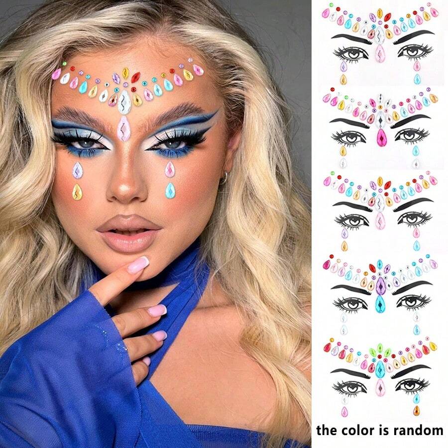 5pcs Random Color Face Decor Stickers For Stage Performance Or Party Makeup, Rhinestone Gems For Forehead - Random 5pcs - View 1