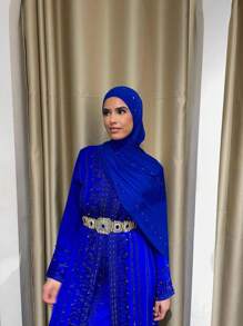 1 pièce Foulard souple en jersey unicolore avec diamants pour femmes, foulard arabe décontracté et long, couleur unie, foulard conservateur, convient pour un usage quotidien