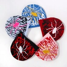 1 pieza Gorro de punto con estampado de tela de araña para hombres, estilo europeo y americano Y2K, a prueba de viento y con protección de orejas, gorro de calle de moda hip hop, unisex para Halloween
