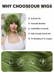 12吋女性綠色短卷曲帶劉海波波頭假髮，合成卷曲波波頭假髮，自然看起來適用於夏季日常聚會和角色扮演 - 綠色 - 查看 7