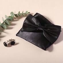 Men Solid Color Pre-Tied Bow Tie And Pocket Square Cufflink Set