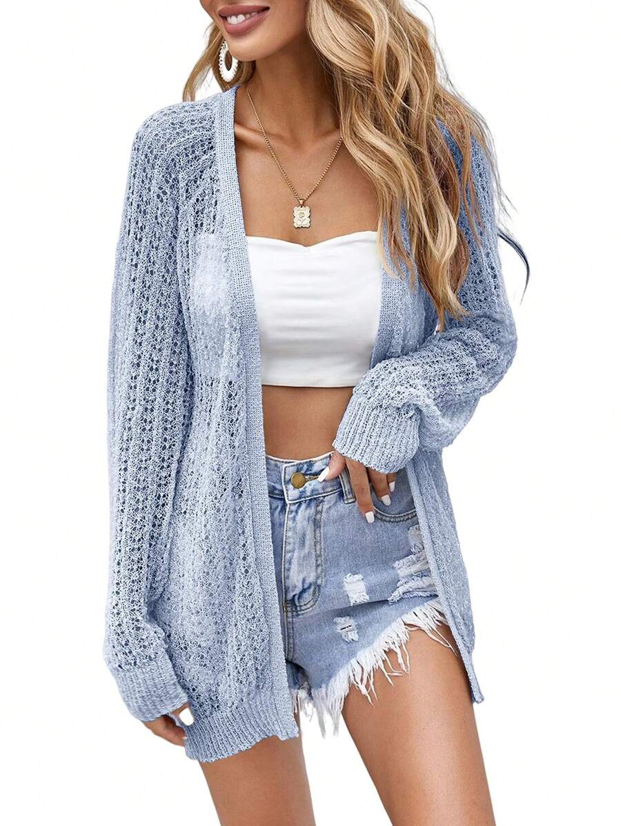 Women Crochet Lightweight Cardigan Cover Up Open Front Long Sleeve Summer Cardigans - Sky Blue - View 1