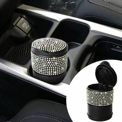 1pc Diamond-Studded Car Ashtray Sealed Flip-Top Mini Anti-Leakage Car Cup Holder Trash Can For Storage