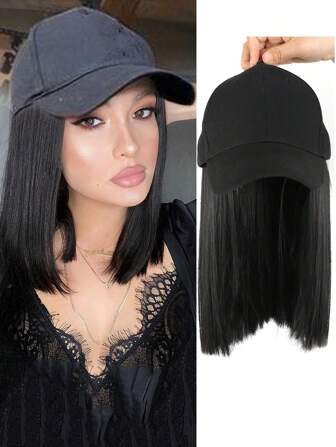 10 tum syntetiskt rakt hårförlängning med svart baseballkeps Peruk för kvinnor, flickor, värmebeständig fiber Casual dagligen