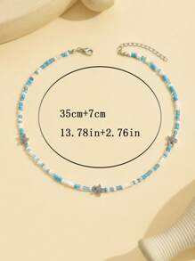 1pc Handmade Starfish Beaded Necklace With Random Design, Summer Beachy Style, Suitable For Daily Wear Or Beach Parties, For Women's Jewelry - Blue Rice Beads + Silver Starfish - View 5