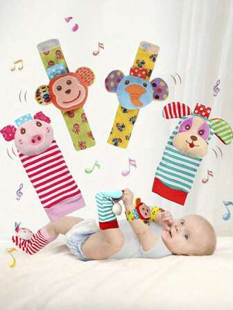 1 Set 4 Piezas Para Recién Nacidos, Lindo Conjunto De Calcetines De Sonajeros De Muñequera Con Decoración De Animales De Dibujos Animados De Peluche