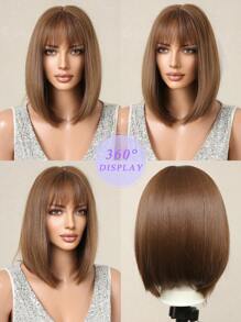 14 Inch Màu Nâu Ngắn Bob Tổng Hợp Thẳng Tóc Giả Với Nổ Và Chịu Nhiệt Tóc Giả Thích Hợp Cho Các Bạn Gái Sử Dụng Hàng Ngày trong Mùa Hè - màu nâu - Xem 8