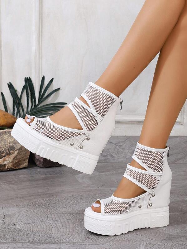 Women's White Increased Internal Mesh Peep Toe Wedge Sandals, Thick Waterproof Platform, Anti-Slip, Breathable, For Daily Leisure Events