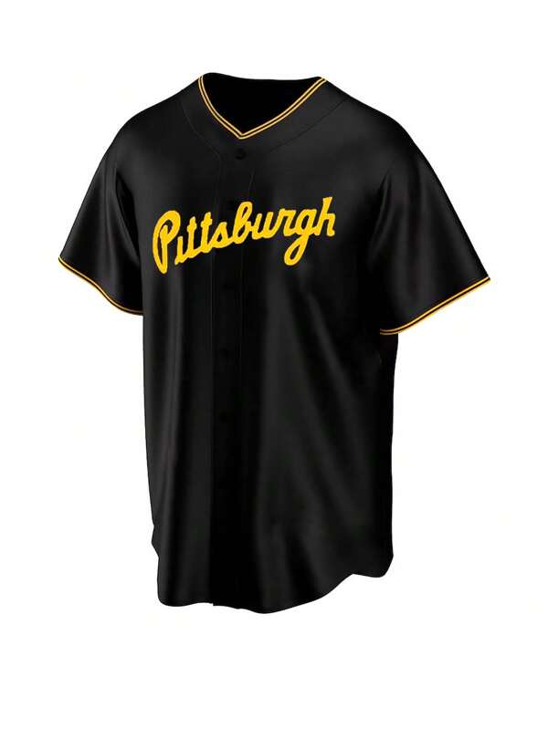 1pc Pittsburgh No.21 Black Embroidered Button Down Baseball Jersey Crew Neck Short Sleeve Breathable Outdoor Sports Jacket T-Shirt