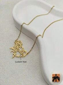 1pc Personalized Fashionable And Minimalist Stainless Steel Name Necklace With Rose & Heart Shaped Design, Suitable For Gift Giving, For Daily Wear By Men, Women, And Couples - Gold Valentines