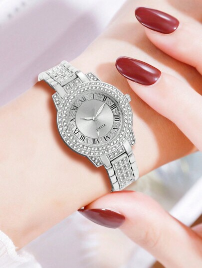 1pc Steel Horloge Luxe Roman Numerals Dial Set Diamond British Matching To Her view 3