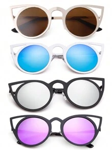1 pereche ochelari de soare rotunzi cu ochi de pisică pentru femei, cu decupaj metalic, lentile cu oglindă flash, ochelari de soare vintage cu gradient, ochelari de soare punk, ochelari pentru condus, petrecere, cosplay și club, accesorii pentru costume de Halloween, elemente de bază pentru toamnă și iarnă, ținute de afaceri, cadouri casual pentru vară, vacanță la plajă, în aer liber, călătorii