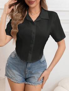 Camisas Ajustadas Cortas Irregulares,Camisas De Manga Corta Para Mujeres, Camisa De Botones Con Cuello De Solapa De Verano - Negro - Ver 6