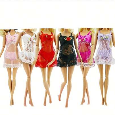Conjunto de 3 peças Pijamas Multicoloridos 3 em 1 Fantasia (Roupa de Baixo, Sutiã, Vestido) Vestido de Renda de Boneca (Não Inclui Boneca)