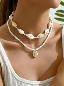 2入組波西米亞海灘風格貝殼和米珠項鍊套裝(女士配飾)，適用於度假送禮 - 白色 - 查看 2