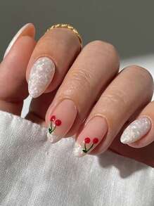 24 piezas de uñas postizas con forma de almendra, diseñadas especialmente para niñas, de estilo europeo y estadounidense, de color blanco simple y elegante, con 1 pieza de pegamento de gelatina y 1 pieza de lima para usar en el diario, en la calle, de vacaciones, en el campus, en la playa, en la boda, en el salón y otros eventos festivos. - Multicolor - Ver 1