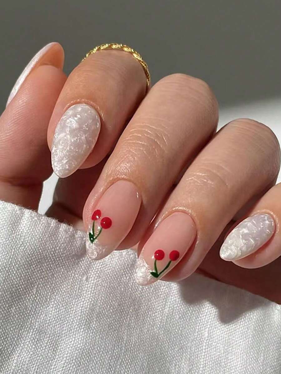 24 piezas de uñas postizas con forma de almendra, diseñadas especialmente para niñas, de estilo europeo y estadounidense, de color blanco simple y elegante, con 1 pieza de pegamento de gelatina y 1 pieza de lima para usar en el diario, en la calle, de vacaciones, en el campus, en la playa, en la boda, en el salón y otros eventos festivos. - Multicolor - Ver 1