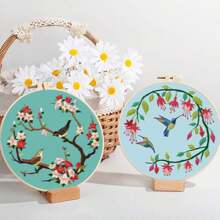 4pcs Floral & Bird Themed Embroidery DIY Kit, Perfect For Beginners And Craft Enthusiasts, Includes 4 Pieces Of Printed Embroidery Fabric, An Embroidery Hoop, Enough Thread And Instructions (Some Embroidery Accessories' Colors Are Random)